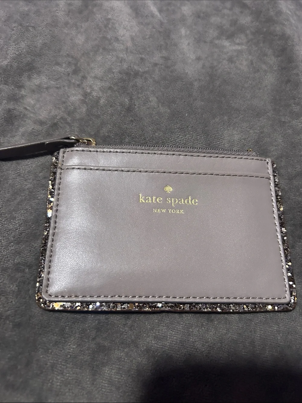 kate spade gray leather card case with glitter trim